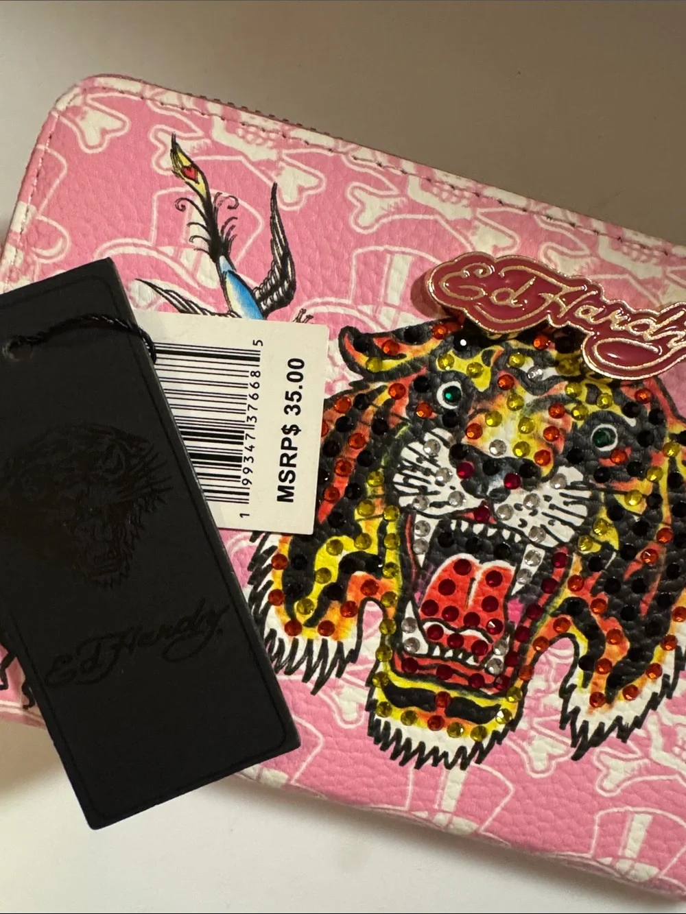 Ed Hardy Pink Vegan Leather Zip Wallet with Multicolor Tiger & Tattoo Motifs
